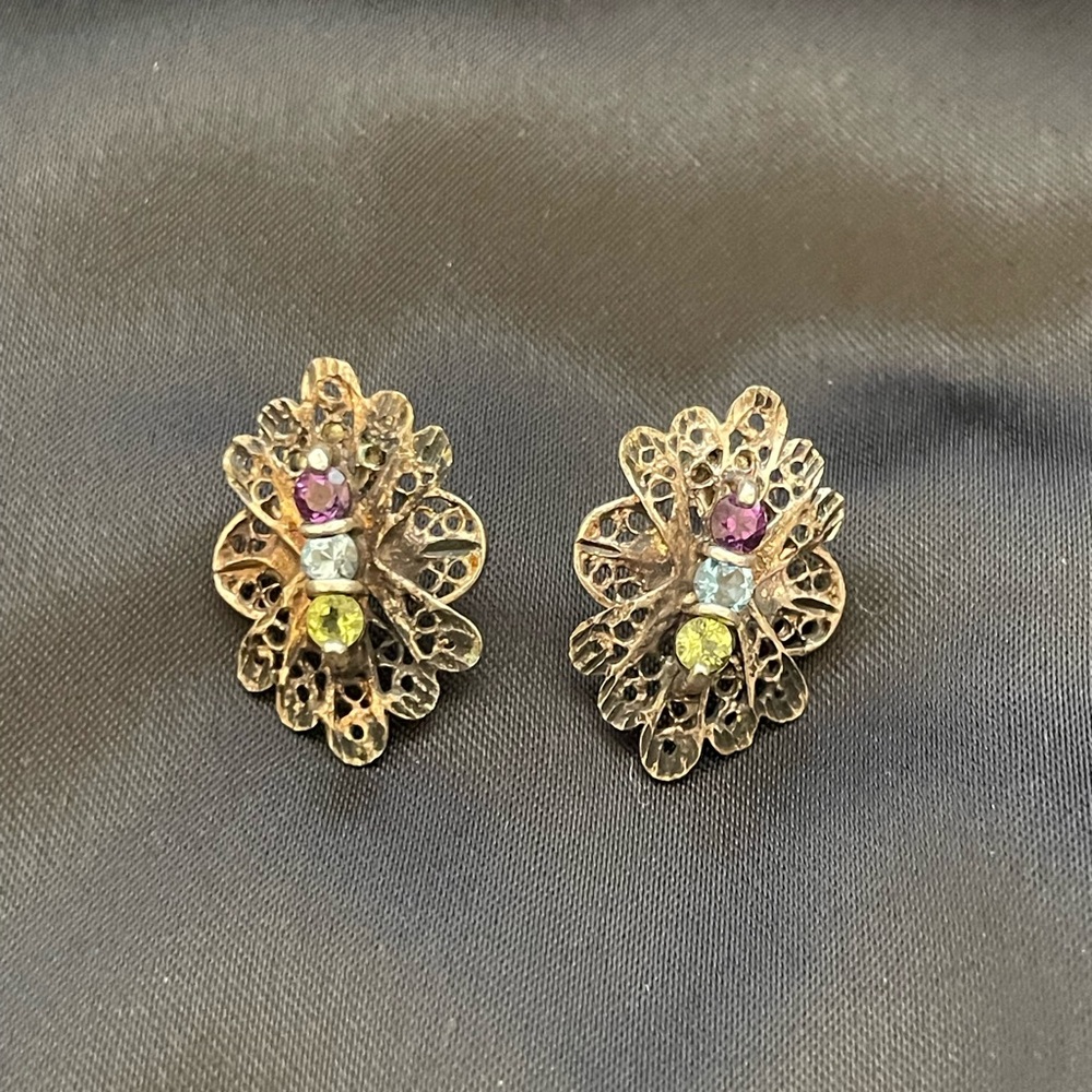 Vintage Sterling Silver Filigree Earrings Peridot, Blue Topaz And Amethyst